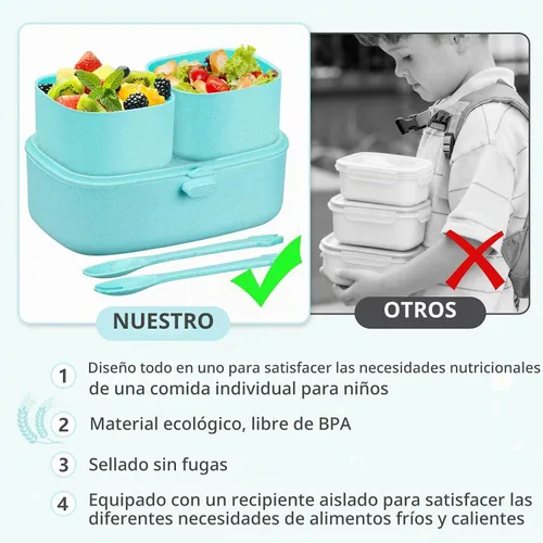 Vista 4 de Lonchera Bento para niños con termo de sopa de 8 onzas, 2 recipientes de alimentos a prueba de fugas, una bolsa de almuerzo, tarro de comida