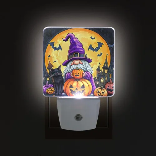 Vista 3 de Wusikd Juego de 2 luces nocturnas de gnomos de Halloween, luces LED enchufables con sensor de atardecer a amanecer, lámpara con sensor automático
