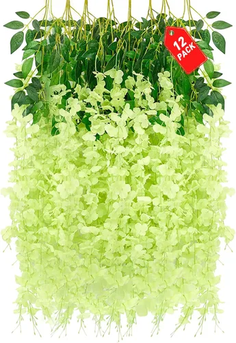 Vista 26 de Paquete de 12 flores colgantes de glicina rosa, flores colgantes falsas de 3.44 pies, guirnalda de glicina artificial para decoración de boda, telón
