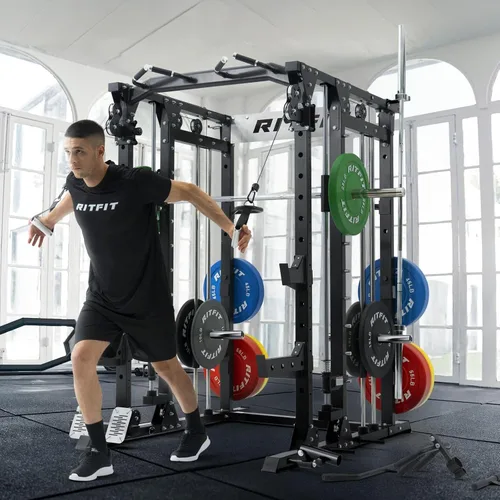 Vista 7 de RitFit Máquina Buffalo Smith, jaula eléctrica con sistema LAT-Pull Down y sistema de cruce de cables, estante de sentadillas todo en uno
