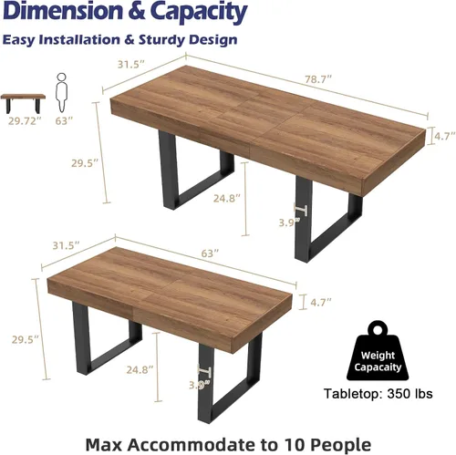 Vista 2 de STHOUYN Mesa de comedor extensible de 63 a 79 pulgadas, moderna mesa de cocina de madera de granja, mesa de comedor larga expandible para 6, 8 y 10