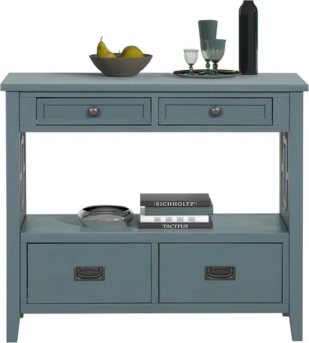 Vista 11 de Mesa consola de madera maciza de 36 pulgadas, mesa de sofá de madera de pino con 4 cajones, mesa de entrada retro para sala de estar, pasillo, Negro