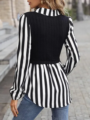 Vista 2 de WDIRARA Blusa de manga larga con botones y estampado a rayas para mujer 2 en 1