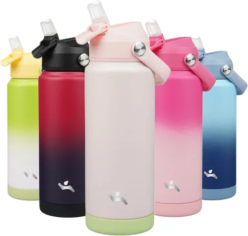 Vista 8 de Konokyo Botella de agua aislada con tapa de pajilla, botella de metal al vacío de acero inoxidable de 18 onzas con mango de silicona, color negro