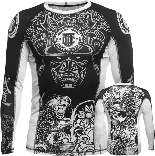Vista 19 de Hardcore Training Camiseta de compresión para hombre, manga larga, Jiu Jitsu, MMA No-Gi, BJJ apretada, capa base de combate Negro Gris