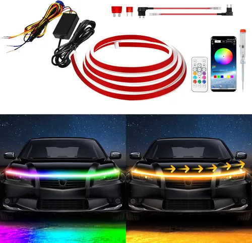 Vista 8 de Tira de luz LED para el exterior del capó del coche, kit de haz de arranque de escaneo dinámico de doble color, luces LED de circulación diurna