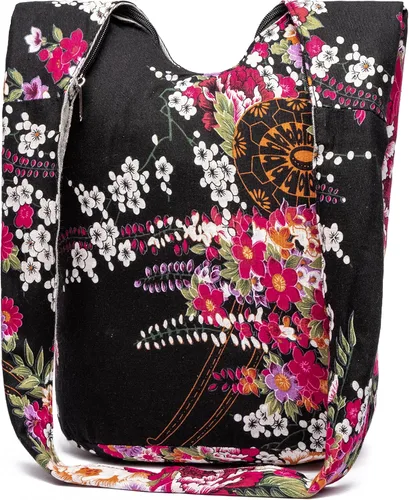 Vista 61 de Bolsa de hombro para mujer, de lona en estilo hippie/bohemio para llevar cruzada al hombro, disponible en diferentes colores y estampados