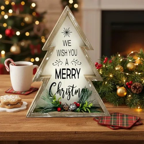Vista 2 de Decoraciones navideñas para el hogar estilo granja, feliz árbol de Navidad con piñas, bloque decorativo de madera rústico para mesa, decoración