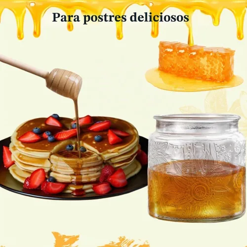 Vista 5 de ANSQU Tarro de Miel, Frasco de Miel de Vidrio Hermético con Tapa de Bambú y Palito Sumergidor, Recipiente de Miel para Almacenar Jarabe Mermelada