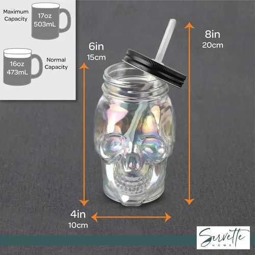 Vista 4 de Servette Home Vaso de 18 onzas con popote reutilizable y tapa a prueba de fugas, vaso de calavera de cristal, iridiscente