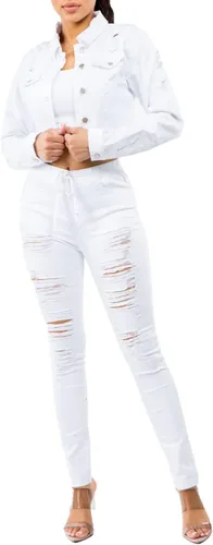 Vista 5 de Love Moda Chaqueta recortada clásica básica casual con botones destruidos para mujer
