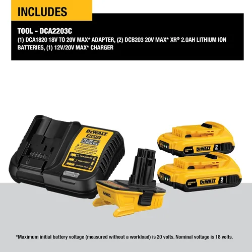 Vista 2 de Juego de adaptador de batería DeWALT, DCA2203C, de 20 voltios, para herramientas de 18 voltios, sierra sable