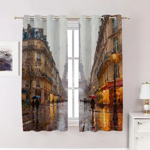 Vista 32 de Cortinas opacas de cocina con pintura al óleo de Europa rosa y negra para ventanas, cenefas opacas modernas de torre Eiffel de poliéster multicapa