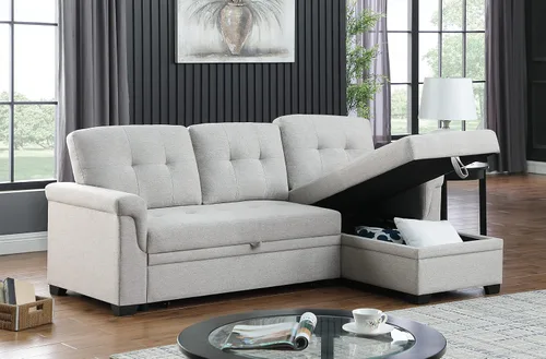 Vista 4 de Moderno sofá modular convertible con diván de almacenamiento reversible, sofá cama extraíble de lino tapizado de 84 pulgadas, sofá esquinero