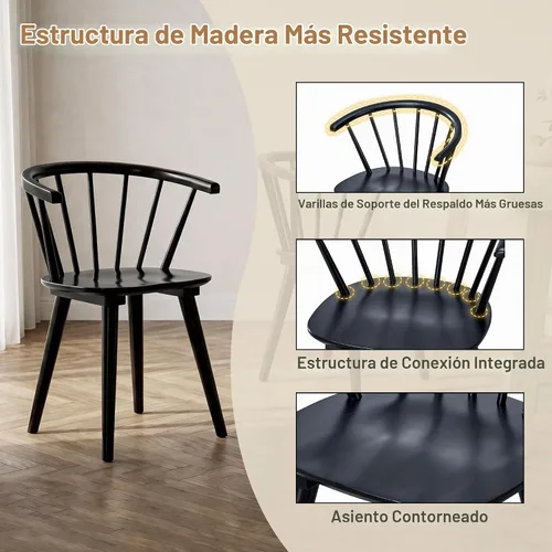 Vista 5 de DUHOME - Juego de 2 sillas de comedor negras de madera, sillas de comedor