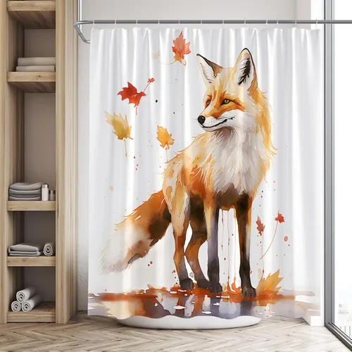 Vista 2 de Cortina de ducha con diseño de zorro, animales del bosque, arce, dibujados a mano, garabatos dibujados a mano, estilo pintura al óleo, juego de baño