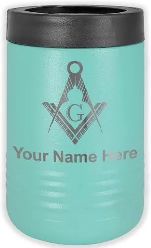 Vista 17 de LaserGram Aislador personalizado de latas y botellas de acero inoxidable, símbolo masón, mantiene las bebidas frías durante más tiempo (negro)