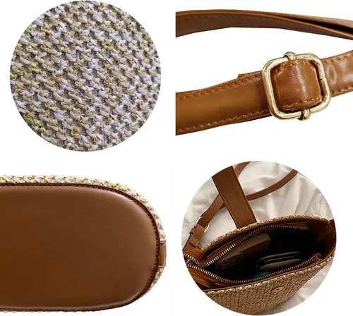 Vista 4 de Bolso cruzado de paja para mujer, bolso de hombro hecho a mano de ratán para playa, correas de cuero tejidas a mano, bolso de mano de paja