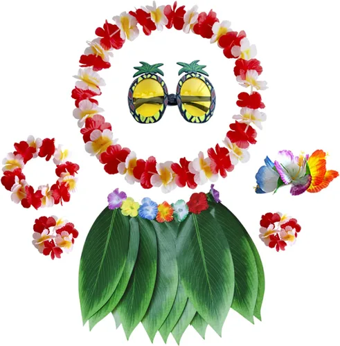 Vista 10 de PHOGARY 7 Pack Hawaiian Flower Leaf Hula Skirt Costume Accessory Kit for Hawaii Luau Party Azul