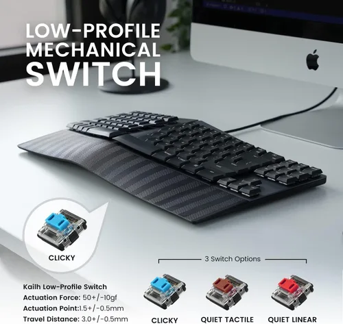 Vista 6 de Perixx PERIBOARD-335BL - Teclado compacto mecánico ergonómico con cable, interruptores azules de bajo perfil, función programable con teclas macro