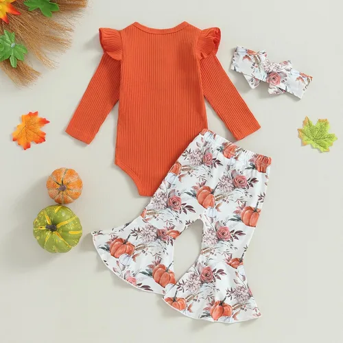 Vista 3 de Kuriozud Conjunto de Pantalones Acampanados para Bebé Recién Nacida Niña Mameluco con Volantes Lindo Lazo Pantalones Acampanados Diadema Ropa Linda