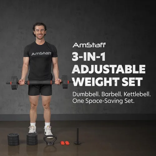 Vista 2 de AmStaff 3-in-1 Adjustable Dumbbell, Kettlebell, Barbell Set, 2-43lbs, 12 Weight Levels, Compact Multifunctional Home Gym, Enhanced Transition