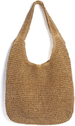 Vista 8 de CHIC DIARY Bolso de hombro de paja tejido a mano para mujer, asas de playa de verano, con cremallera
