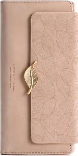 Vista 9 de Cartera de cuero para mujer, con bloqueo RFID, gran capacidad, triple tarjetero, carteras, monedero largo con ventana de identificación, C02 Rosa