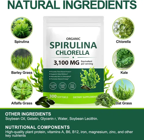 Vista 3 de Tiuedu Espirulina Chlorella Softgels 300 cápsulas, 17 en 1 mezcla de nutrientes verdes, cápsulas blandas de espirulina Chlorella, ricas en proteínas