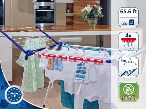 Vista 2 de Leifheit Pegasus 200 - Aireador de ropa de pie sólido con accesorios, perchero plegable para exteriores e interiores, 65.6 ft con 4 clips para secar