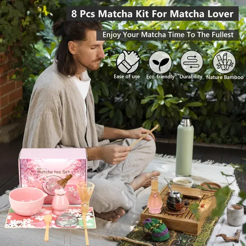 Vista 4 de Juego de batidor de matcha, juego de matcha de cerámica incluye cuenco matcha, batidor de bambú y soporte, cuchara de bambú, soporte para cucharas