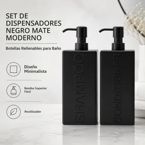 Vista 5 de Dispensador rectangular de resina para baño, champú y acondicionador de baño, botella de lavado corporal, diseño moderno de bomba recargable Negro