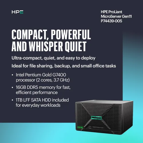 Vista 3 de Hewlett Packard Enterprise ProLiant MicroServer Gen11 Tower Server, procesador Intel Pentium Gold G7400, memoria de 16 GB, almacenamiento HDD de 1