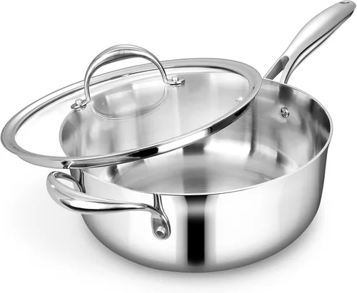 Vista 10 de KEAWELL K3 Premium - Cacerola de acero inoxidable de tres capas de 1.5 cuartos con tapa, seguro para inducción y horno hasta 600°F, calentamiento