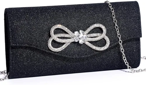 Vista 17 de Bolso de noche para mujer, con lazo de cristal brillante, con solapa, bolso de mano para mujer, boda, fiesta, baile de graduación