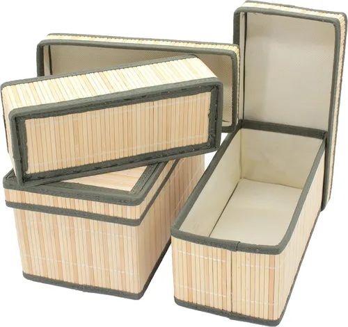 Vista 2 de Seta Direct, Caja de almacenamiento rectangular larga decorativa de bambú beige natural con borde verde con tapa [juego de 3 anidados]