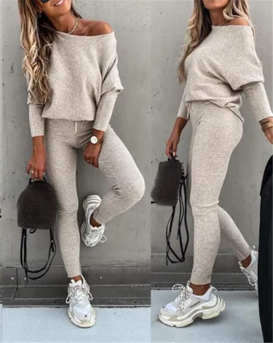 Vista 4 de WanXiao Conjunto casual de 2 piezas para mujer de manga larga con leggings Active Tracksuit Solid Lounge Wear