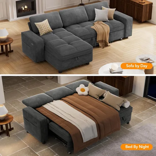 Vista 11 de Vipbear Sofá cama modular de 81 pulgadas con cama extraíble, sofá cama en forma de L, sofá extraíble con respaldo reclinable, diván de Gris oscuro