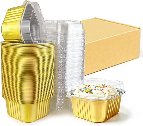 Vista 8 de Mini moldes para pasteles de 5 onzas con tapas, paquete de 60 moldes individuales para magdalenas Taza de aluminio dorada para hornear, moldes