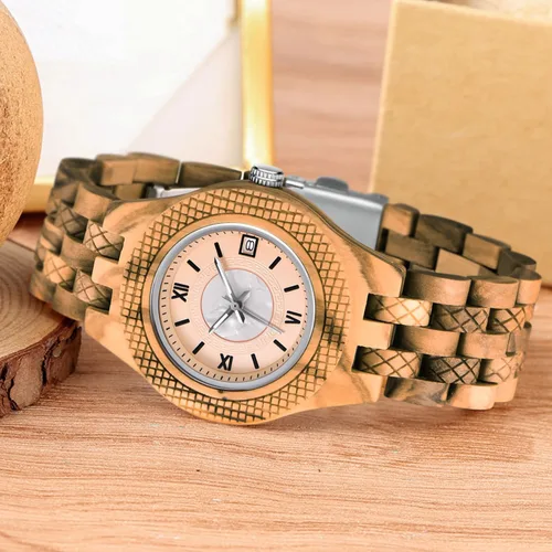 Vista 3 de Reloj ligero de cuarzo de madera para mujer, reloj analógico de cuarzo, correa de madera con cierre plegable, relojes de madera para mujer
