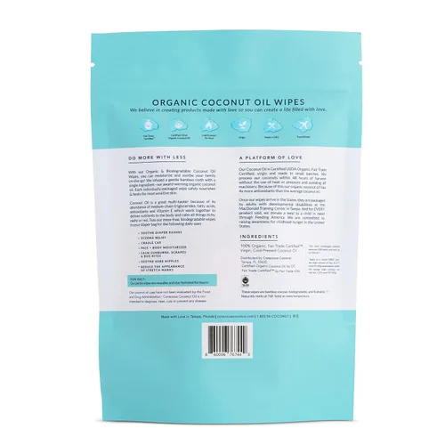 Vista 5 de Toallitas de aceite de coco orgánico para bebés y posparto, sin fragancia, envueltas individualmente, toallitas de bambú biodegradables