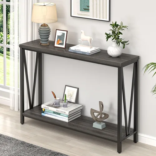 Vista 3 de Mesa consola para entrada, moderna mesa de sofá detrás del sofá, mesa de entrada estrecha para pasillo, sala de estar (industrial, gris oscuro)