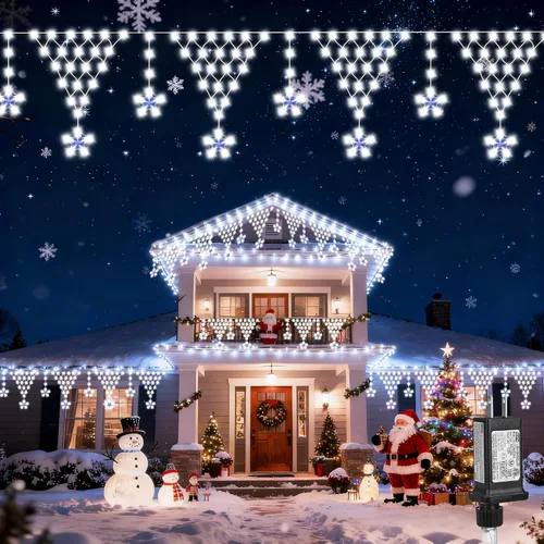 Vista 11 de luces de Navidad, 218 LED, 13.8 pies de luces de cortina de Navidad, decoraciones para balcones al aire libre con 12 gotas de estrellas