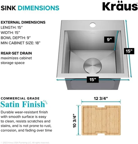 Vista 7 de KRAUS Kore KWT321-15 - Fregadero de cocina o bar con estación de trabajo, 15 pulgadas, montaje directo, cuenco individual, de acero inoxidable