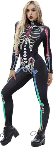 Vista 2 de Honeystore - Monos para disfraz de esqueleto para mujer, para Halloween, malla entera, leotardo, para cosplay.