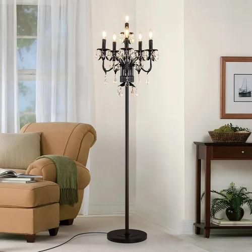 Vista 7 de Wellmet Lámpara de pie negra para esquina de sala de estar, lámpara de pie de granja con 6 luces, lámpara de pie alta de cristal con interruptor