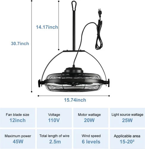Vista 5 de Ventiladores de Gazebo para Exteriores, Ventiladores de Techo Colgantes con Luces, Ventilador de Techo Portátil de 16" con Enchufe, Ventiladores