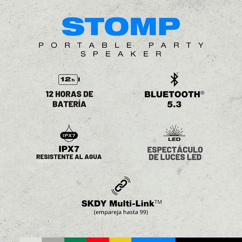 Vista 2 de Skullcandy Stomp - Altavoz Bluetooth – Altavoz inalámbrico portátil impermeable IPX7, con luces LED y modos de estroboscopio, batería de 12 horas