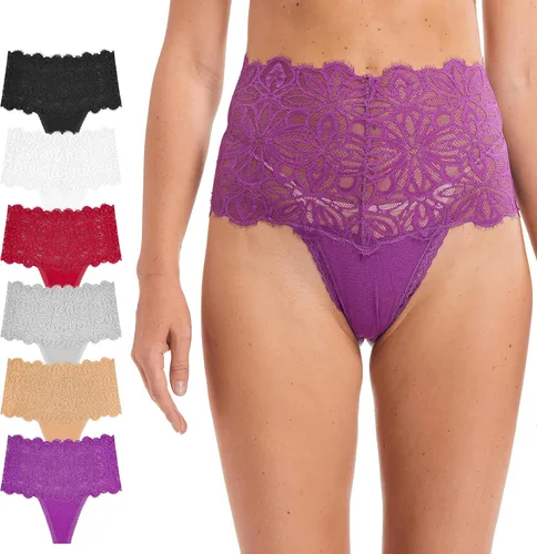 Vista 8 de Tanga de encaje retro de cintura alta para mujer, sin costuras, ropa interior de algodón de talla grande resistant long-lasting lace,tummy-control 1