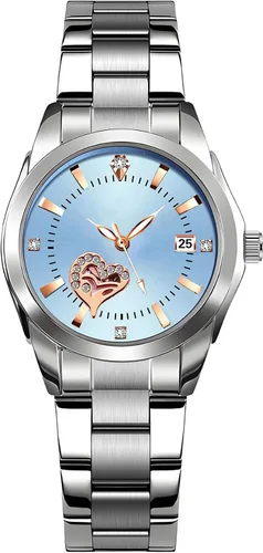 Vista 18 de Relojes para mujeres, cuarzo analógico, plateados, de acero inoxidable, luminosos, impermeables, reloj de vestir para damas negro (021 Black)